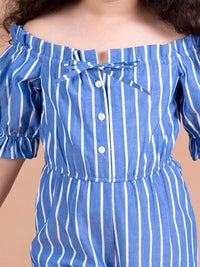 Thumbnail for Girls Blue White Off-Shoulder Striped Basic Jumpsuit - Mini Marvels - Distacart