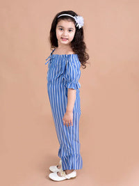Thumbnail for Girls Blue White Off-Shoulder Striped Basic Jumpsuit - Mini Marvels - Distacart