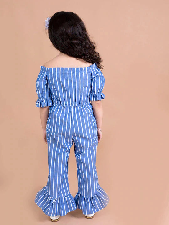 Girls Blue White Off-Shoulder Striped Basic Jumpsuit - Mini Marvels - Distacart