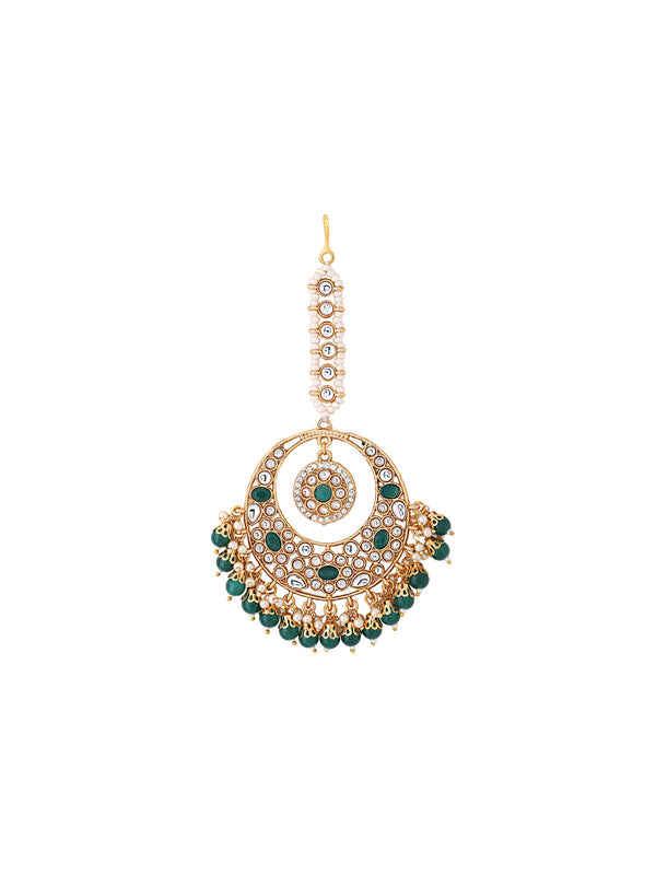 Yellow Chimes Gold-Plated White & Green Kundan-Studded & Beaded Maang Tikka - Distacart