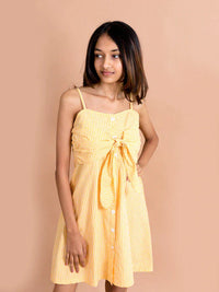Thumbnail for Girls Yellow Checked Cotton Fit Flare Dress - Mini Marvels - Distacart