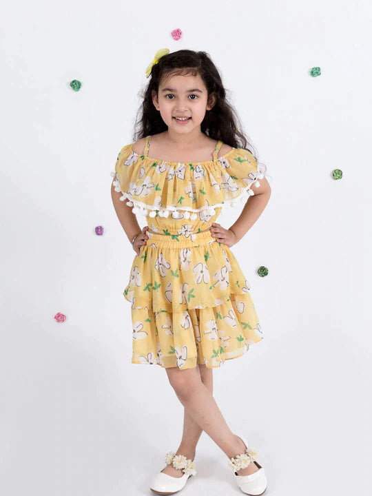 Yellow Floral Print Off Shoulder Top Skirt Set - Mini Marvels - Distacart