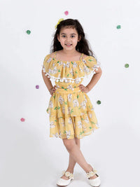 Thumbnail for Yellow Floral Print Off Shoulder Top Skirt Set - Mini Marvels - Distacart