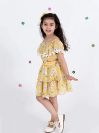 Thumbnail for Yellow Floral Print Off Shoulder Top Skirt Set - Mini Marvels - Distacart