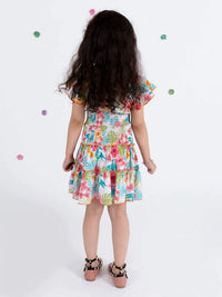 Thumbnail for Girls White Blue Printed Top With Skirt - Mini Marvels - Distacart