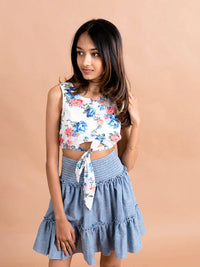 Thumbnail for Girls Blue White Printed Top With Skirt - Mini Marvels - Distacart