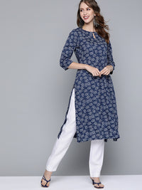 Thumbnail for HERE&NOW Women Navy Blue & White Ethnic Motifs Printed Keyhole Neck Kurta - Distacart