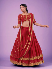 Thumbnail for Myra Red Georgette Embroidered Designer Lehenga - Distacart