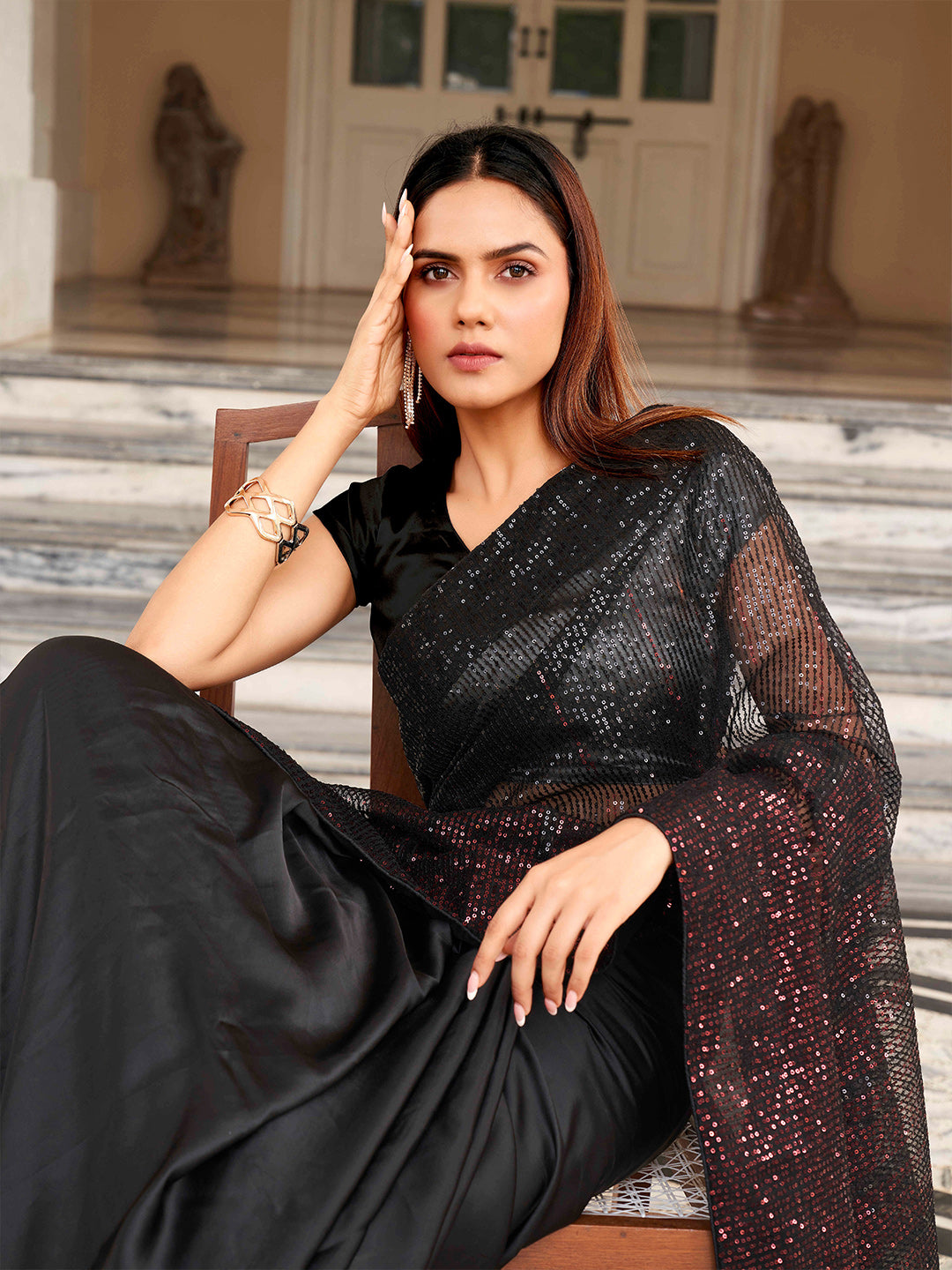 Tikhi Imli Sequinned Satin Heavy Work Saree - Distacart