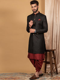 Thumbnail for KISAH Men Black Solid Cotton Sherwani - Distacart