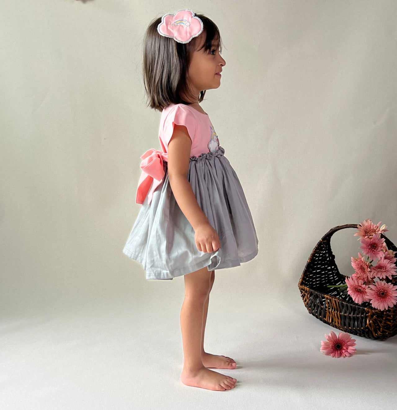 ArthLife Peach And Grey Unicorn Embroidered Dress - Distacart