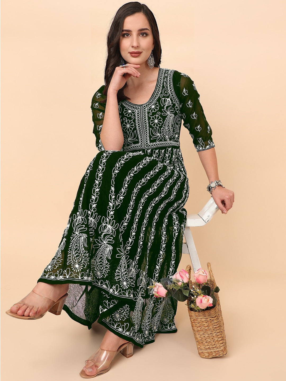 HERE&NOW Chikankari Embroidered Thread Work Georgette Anarkali Kurta - Distacart