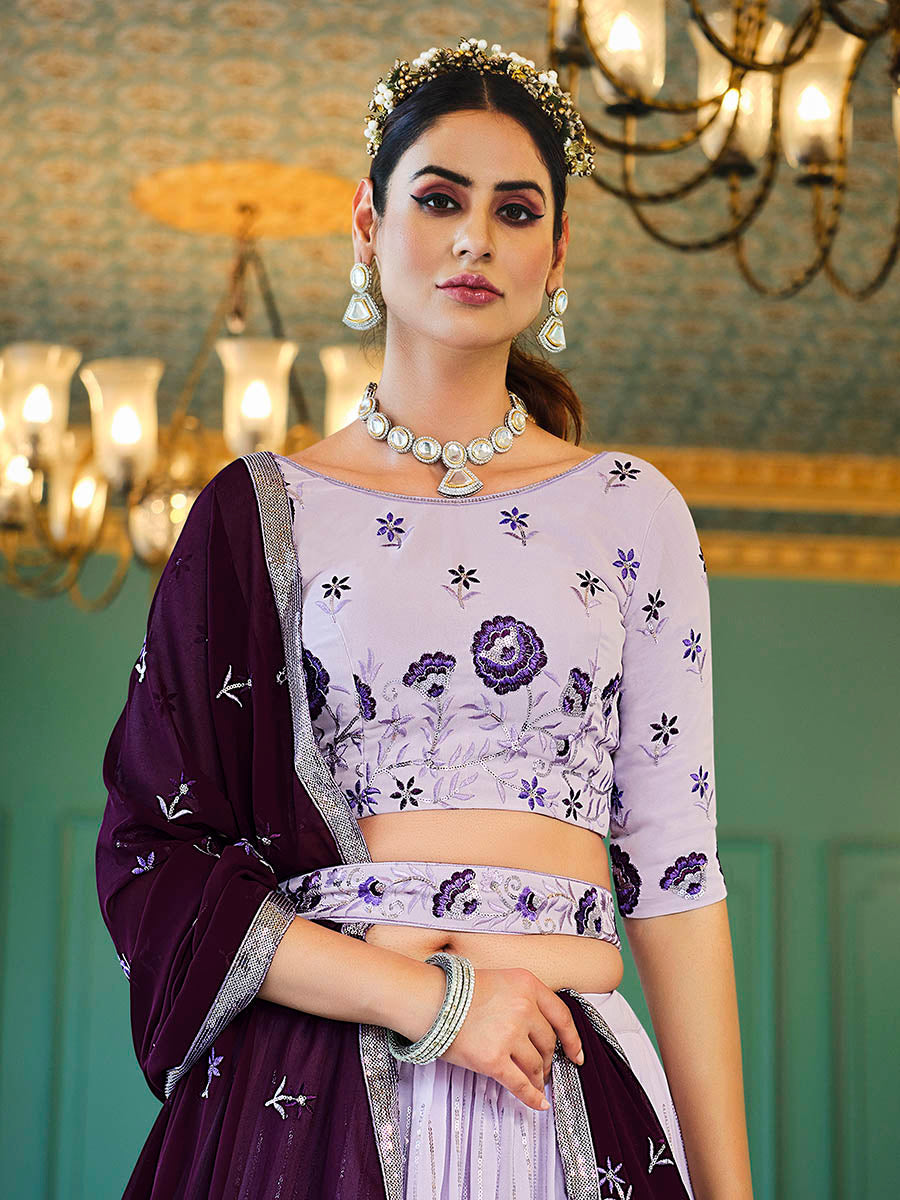 Myra Lavender Georgette Embroidered Designer Lehenga - Distacart