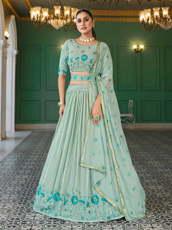 Myra Pista Green Georgette Embroidered Designer Lehenga - Distacart