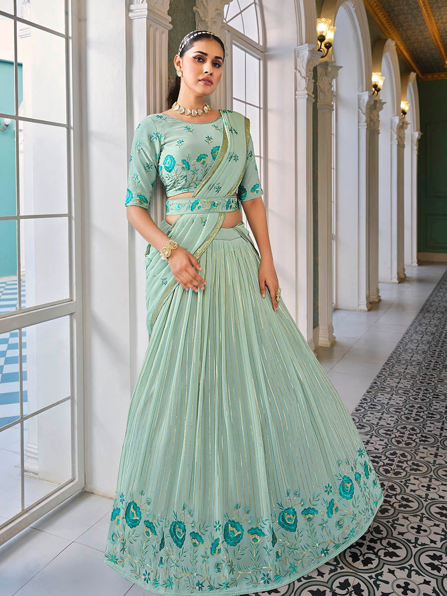 Myra Pista Green Georgette Embroidered Designer Lehenga - Distacart