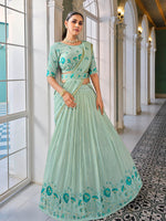 Thumbnail for Myra Pista Green Georgette Embroidered Designer Lehenga - Distacart