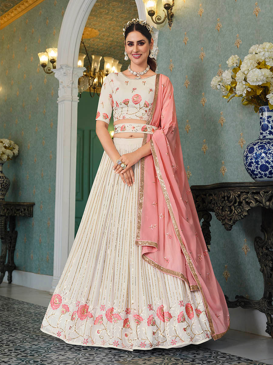 Myra Pearl White Georgette Embroidered Designer Lehenga - Distacart