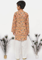 Thumbnail for Little Bansi Cotton Block Floral Kurta with Pearl Buttons & Pyjama in Orange & Cream - Distacart