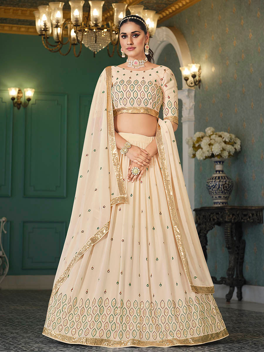 Myra Beige Georgette Embroidered Designer Lehenga - Distacart