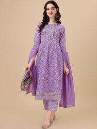 Thumbnail for HERE&NOW Purple Floral Printed Pure Cotton A-Line Kurta & Trousers With Dupatta - Distacart