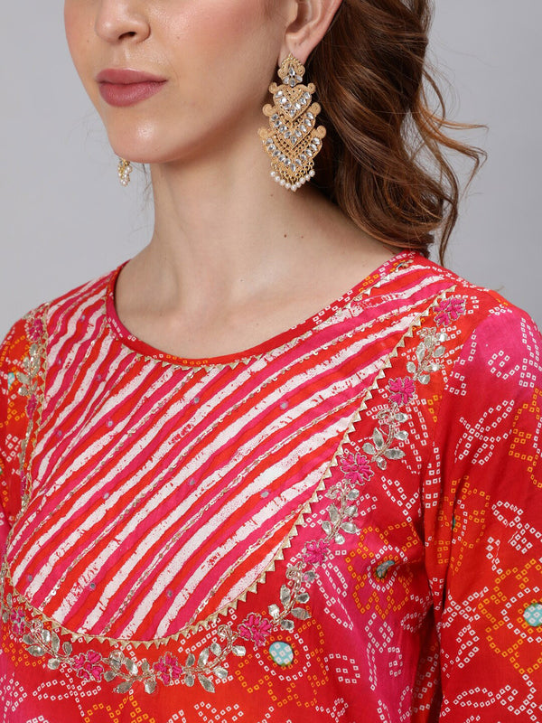 Ishin Women Pink & Red Bandhani Thread Work Pure Cotton Kurta with Trousers & Dupatta - Distacart