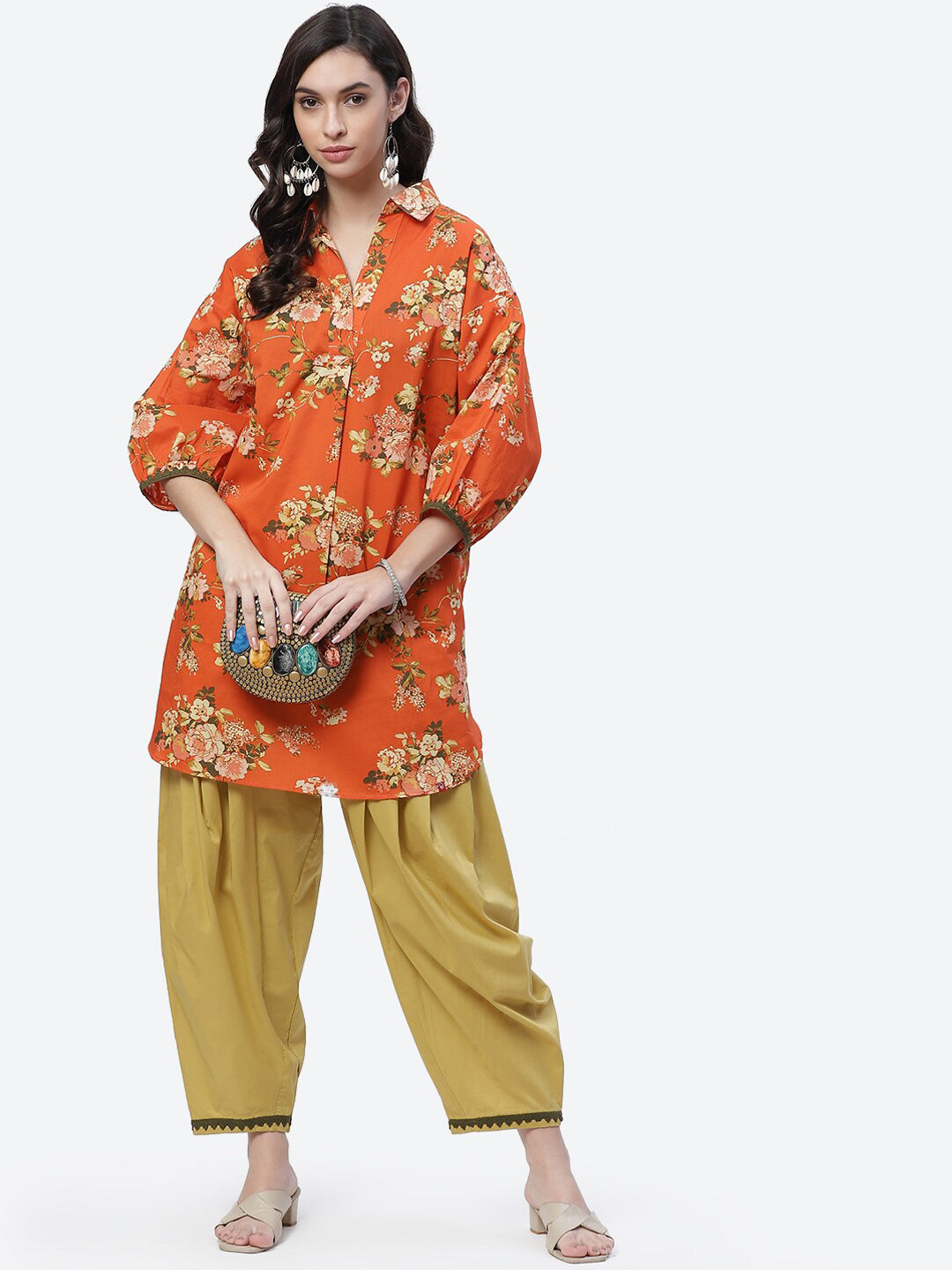Biba Women Orange Floral Printed Pure Cotton Kurti with Salwar - Distacart
