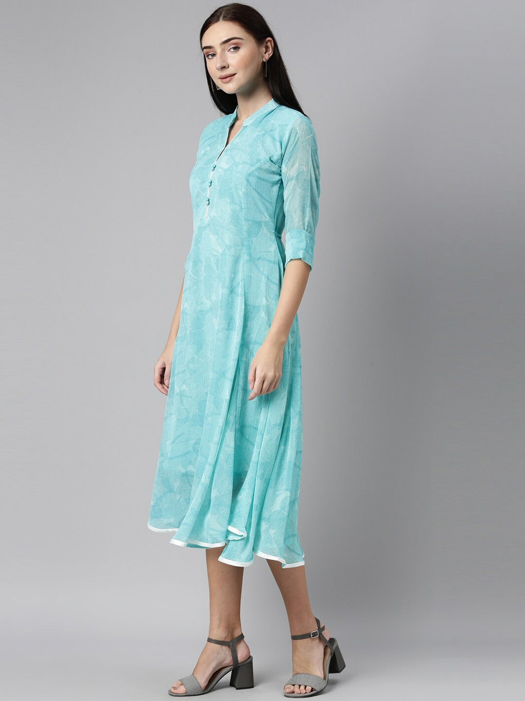 Souchii Blue Floral Chiffon A-Line Midi Dress - Distacart