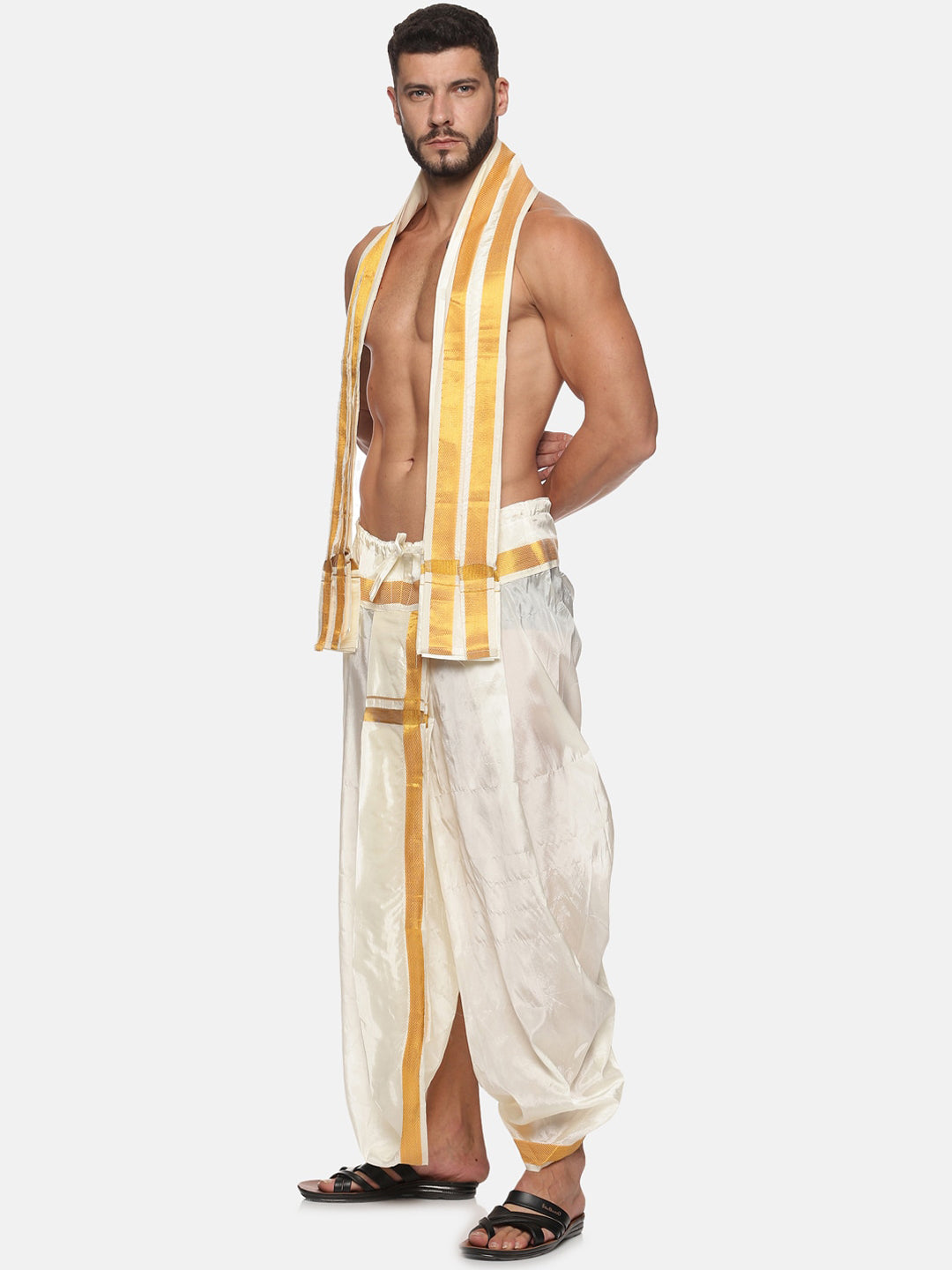 Sethukrishna Men Cream and Gold-Toned Solid Dhoti With Angavastram - Distacart