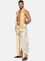 Thumbnail for Sethukrishna Men Cream and Gold-Toned Solid Dhoti With Angavastram - Distacart