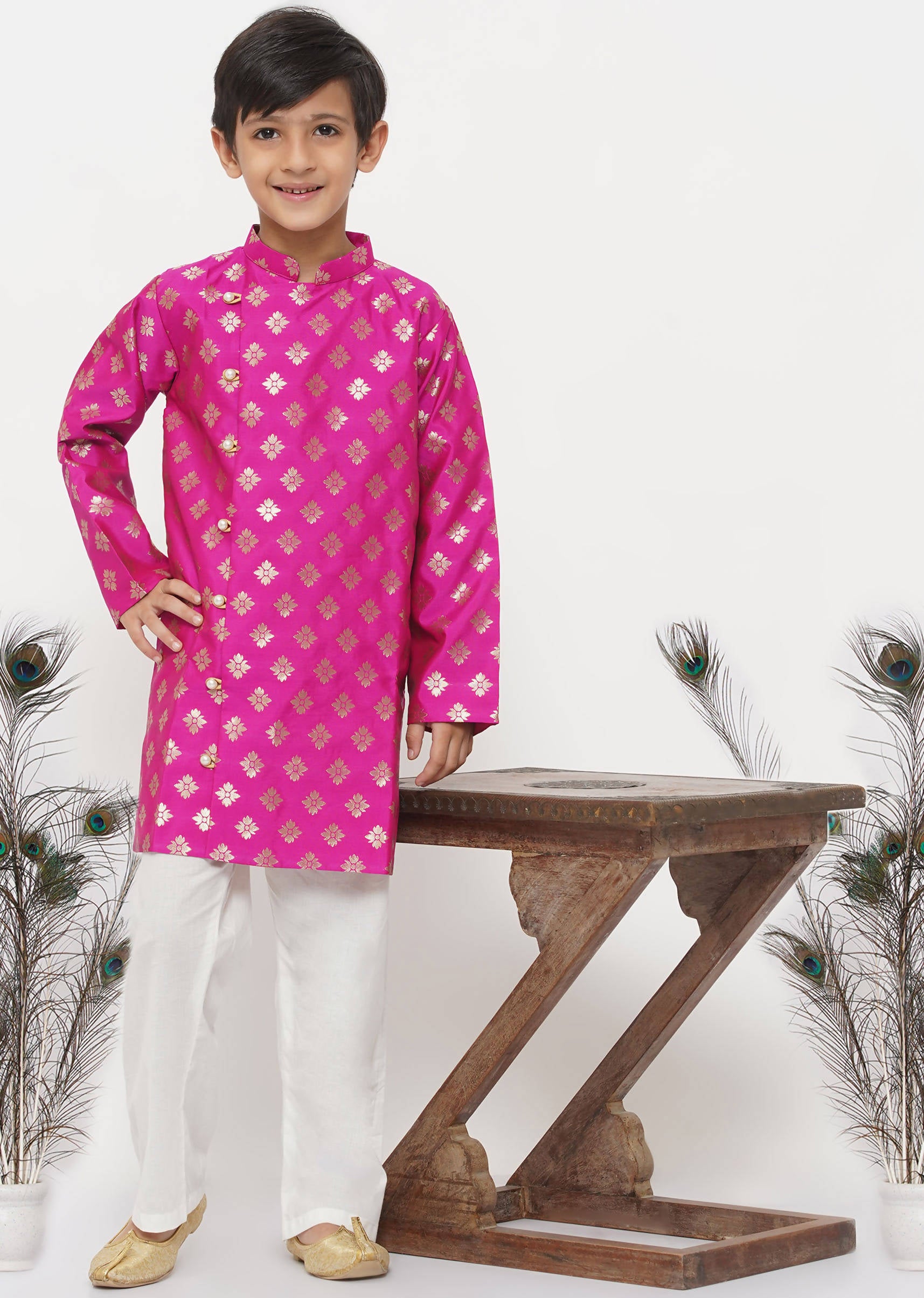 Little Bansi Banarsi Silk Sherwani & Pyjama - Magenta & Cream - Distacart