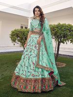 Thumbnail for Myra Pista Green Silk Heavy Embroidered Lehenga - Distacart