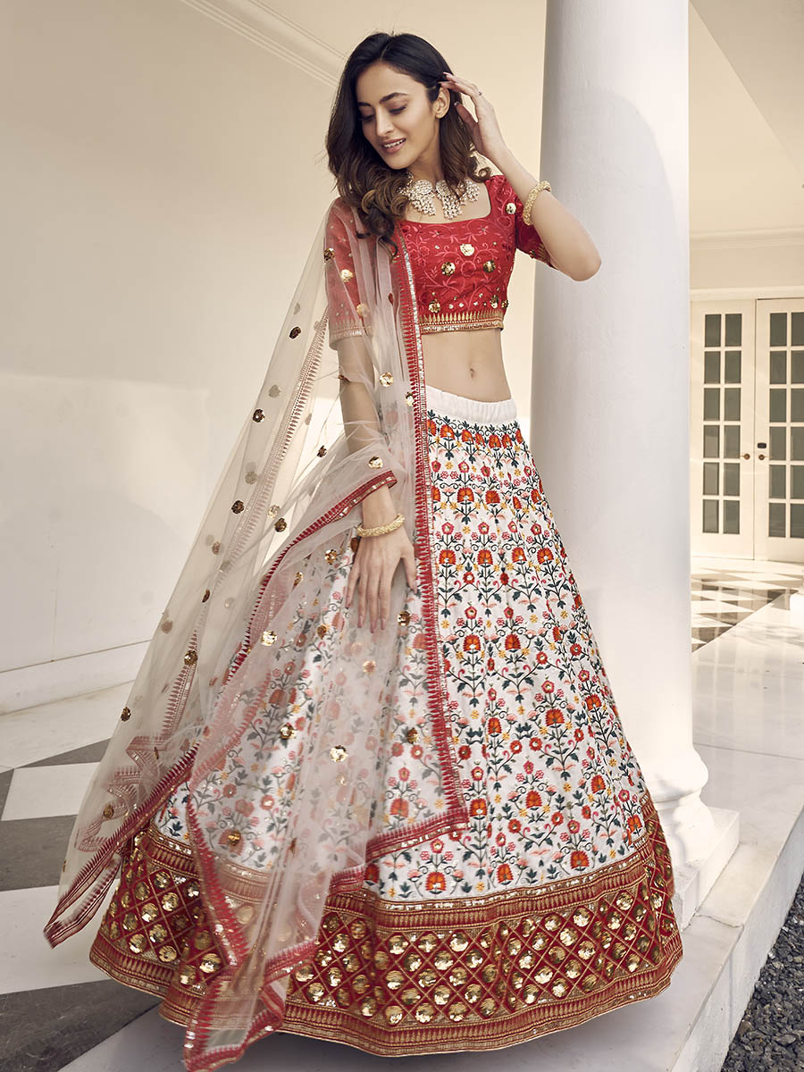 Myra White and Red Art Silk Heavy Embroidered Lehenga - Distacart