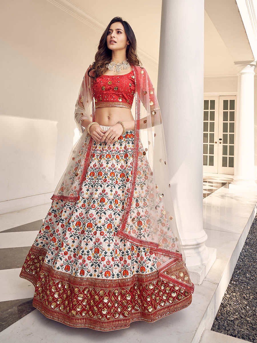 Myra White and Red Art Silk Heavy Embroidered Lehenga - Distacart