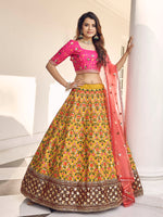 Thumbnail for Myra Mustard Yellow and Rani Pink Art Silk Heavy Embroidered Lehenga - Distacart