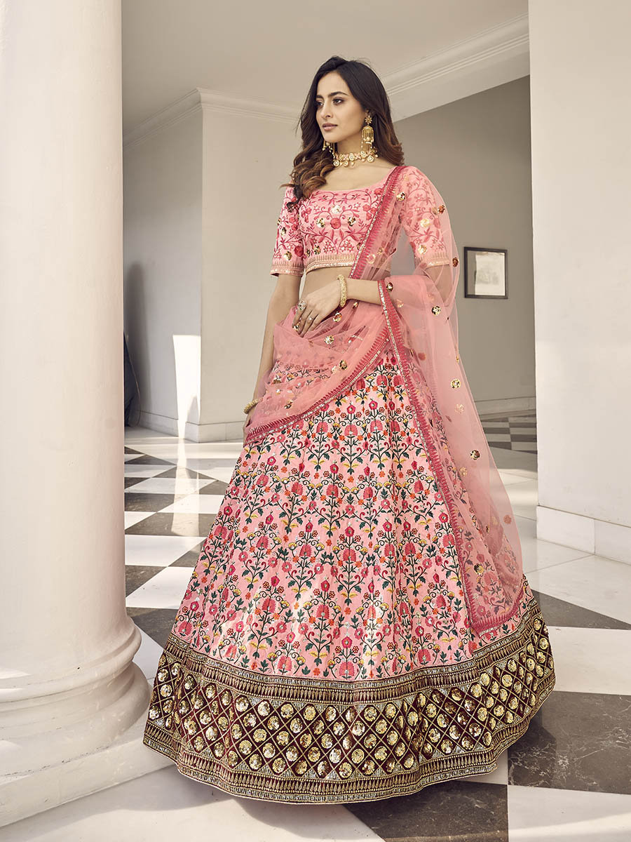 Myra Pink Art Silk Heavy Embroidered Lehenga - Distacart