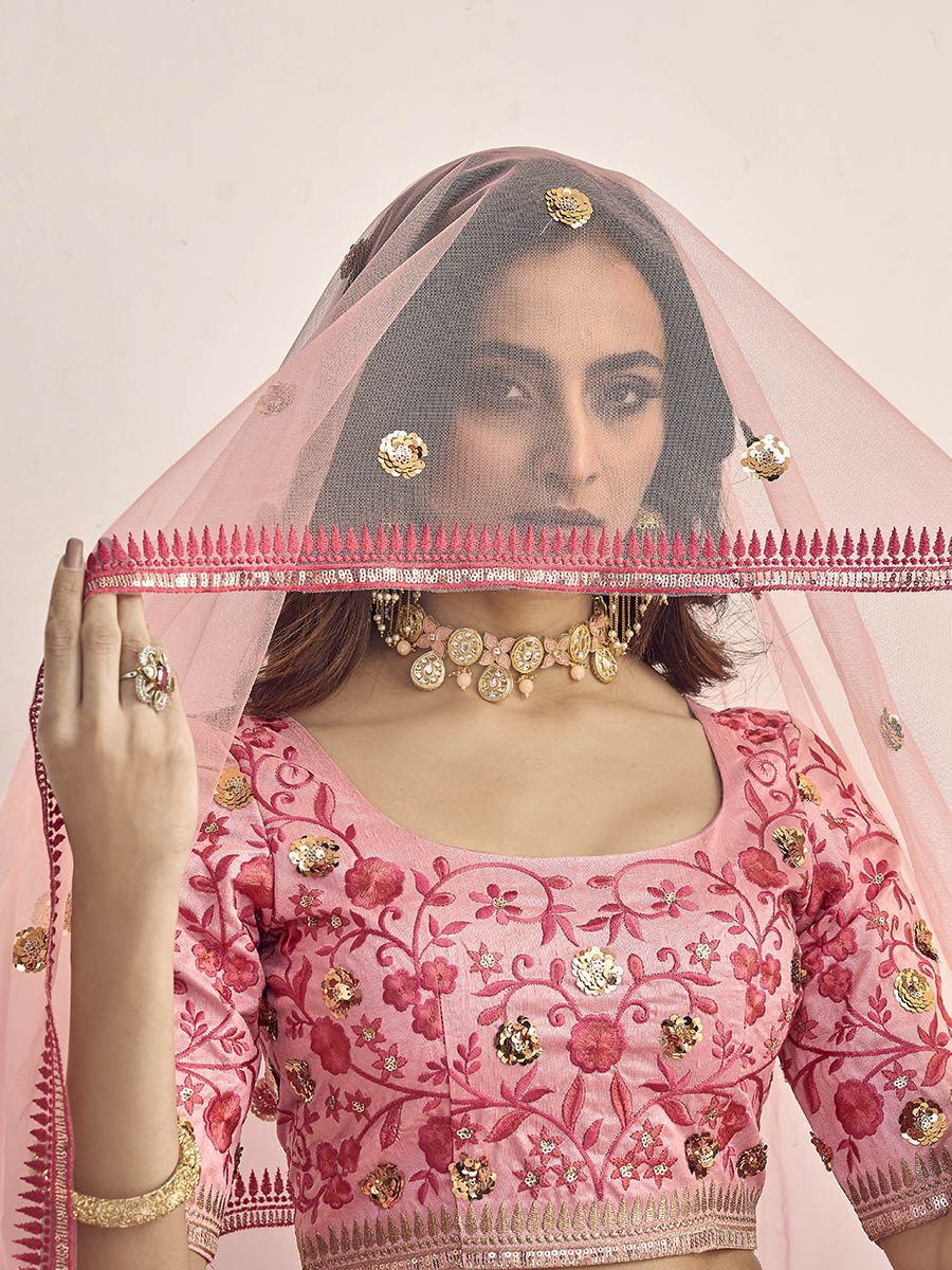 Myra Pink Art Silk Heavy Embroidered Lehenga - Distacart