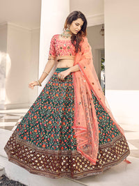 Thumbnail for Myra Orange and Green Silk Heavy Embroidered Lehenga - Distacart
