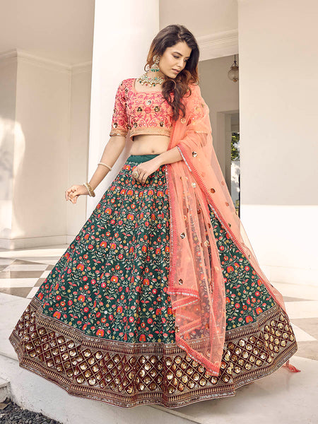 Myra Orange and Green Silk Heavy Embroidered Lehenga - Distacart
