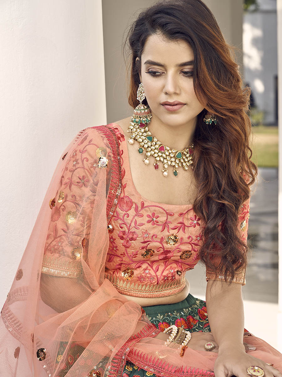 Myra Orange and Green Silk Heavy Embroidered Lehenga - Distacart