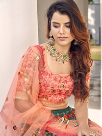 Thumbnail for Myra Orange and Green Silk Heavy Embroidered Lehenga - Distacart