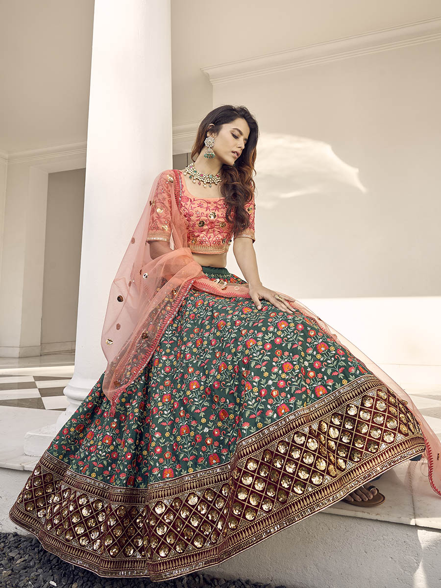 Myra Orange and Green Silk Heavy Embroidered Lehenga - Distacart