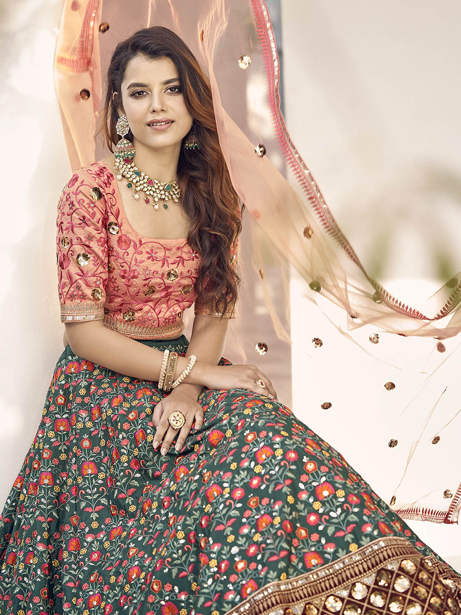 Myra Orange and Green Silk Heavy Embroidered Lehenga - Distacart