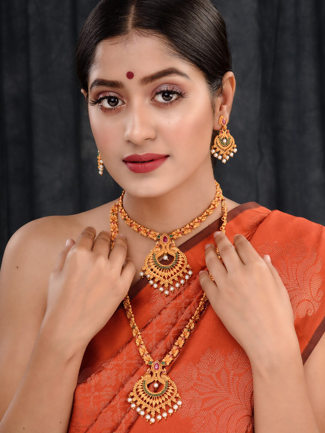 Saraf RS Jewellery Gold-Plated Red & Green Bridal Temple Jewellery Set - Distacart