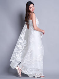 Thumbnail for Mitera White Ethnic Motifs Embroidered Net Saree - Distacart