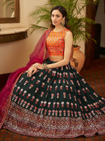 Thumbnail for Myra Green and Deep Pink Georgette Embroidered Designer Lehenga - Distacart