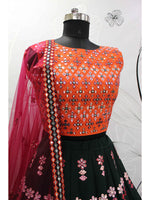 Thumbnail for Myra Green and Deep Pink Georgette Embroidered Designer Lehenga - Distacart