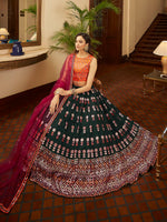 Thumbnail for Myra Green and Deep Pink Georgette Embroidered Designer Lehenga - Distacart