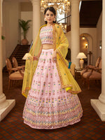 Thumbnail for Myra Pink and Yellow Georgette Embroidered Designer Lehenga - Distacart