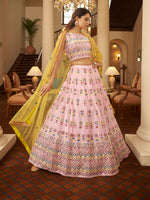 Thumbnail for Myra Pink and Yellow Georgette Embroidered Designer Lehenga - Distacart