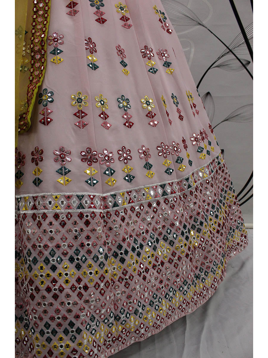 Myra Pink and Yellow Georgette Embroidered Designer Lehenga - Distacart